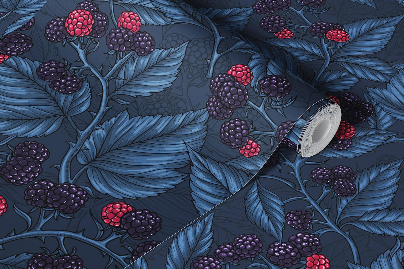 Blackberries on dark blue wallpaper roll