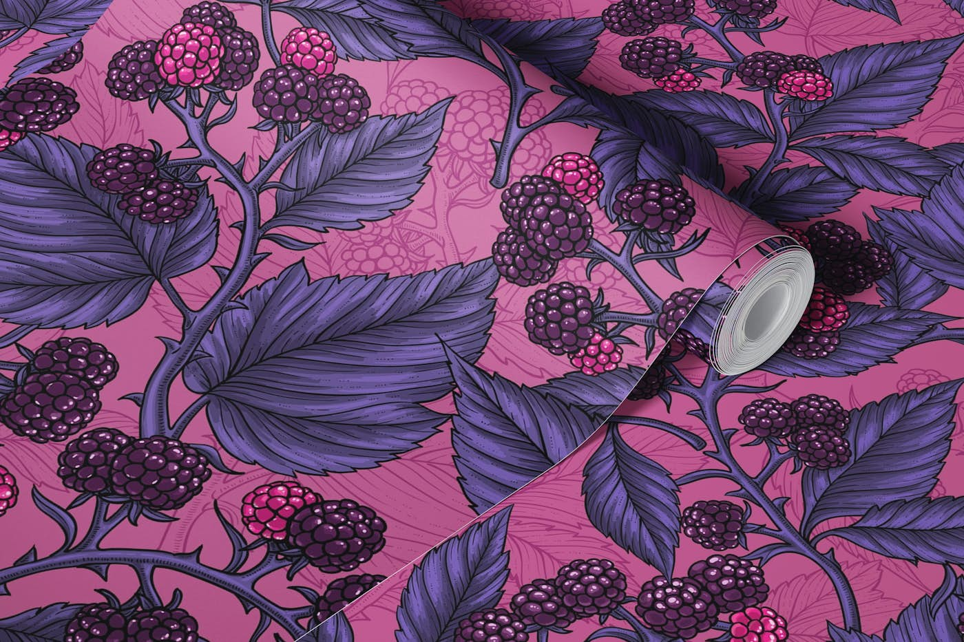 Blackberries on peony pink wallpaper roll