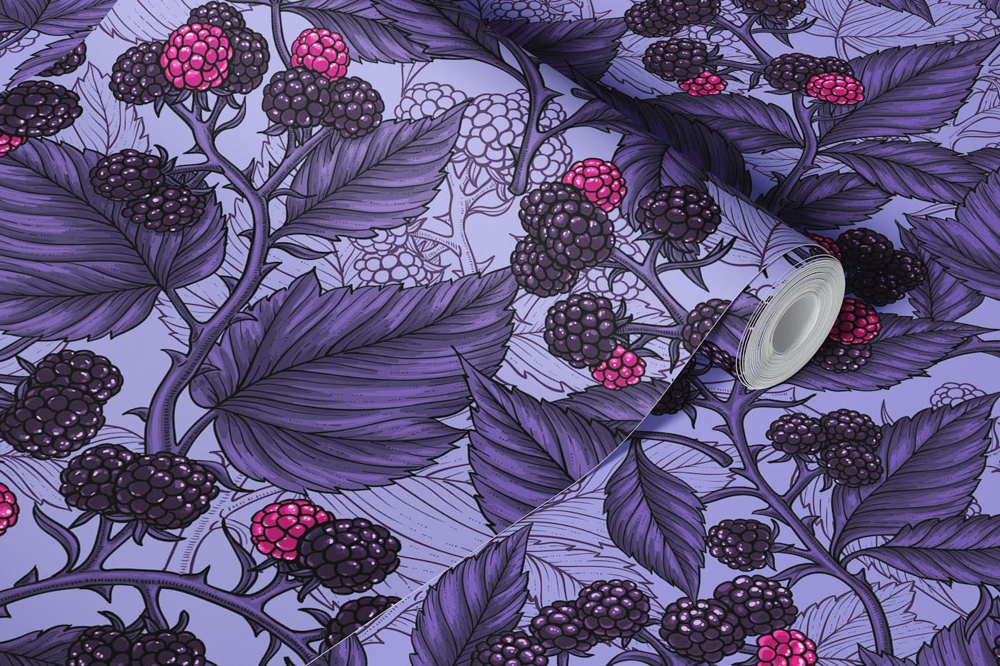 Blackberries on lilac wallpaper roll