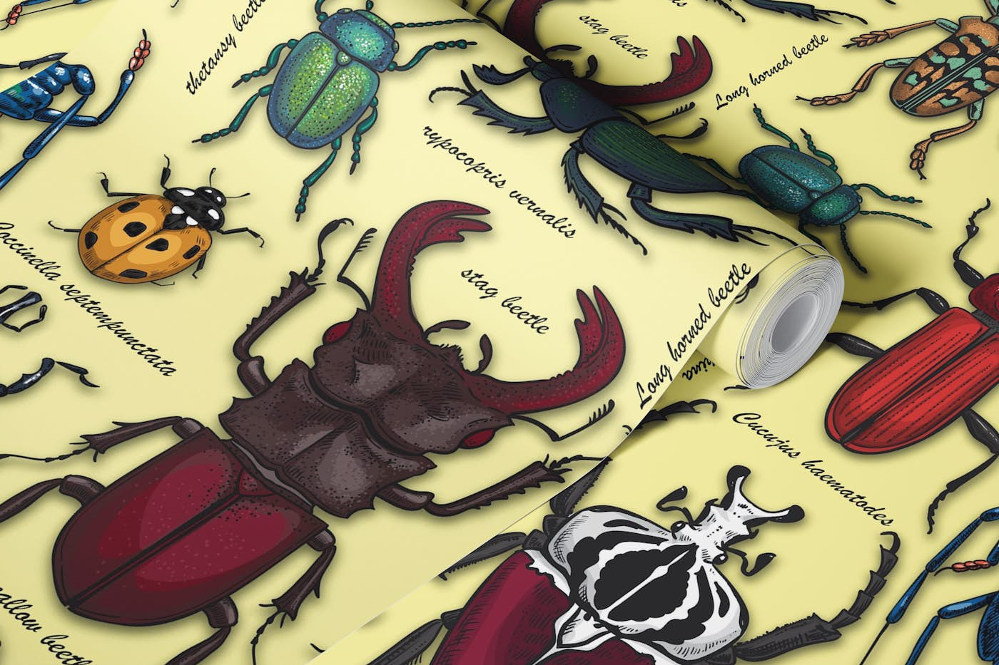 Beetles on yelow wallpaper roll