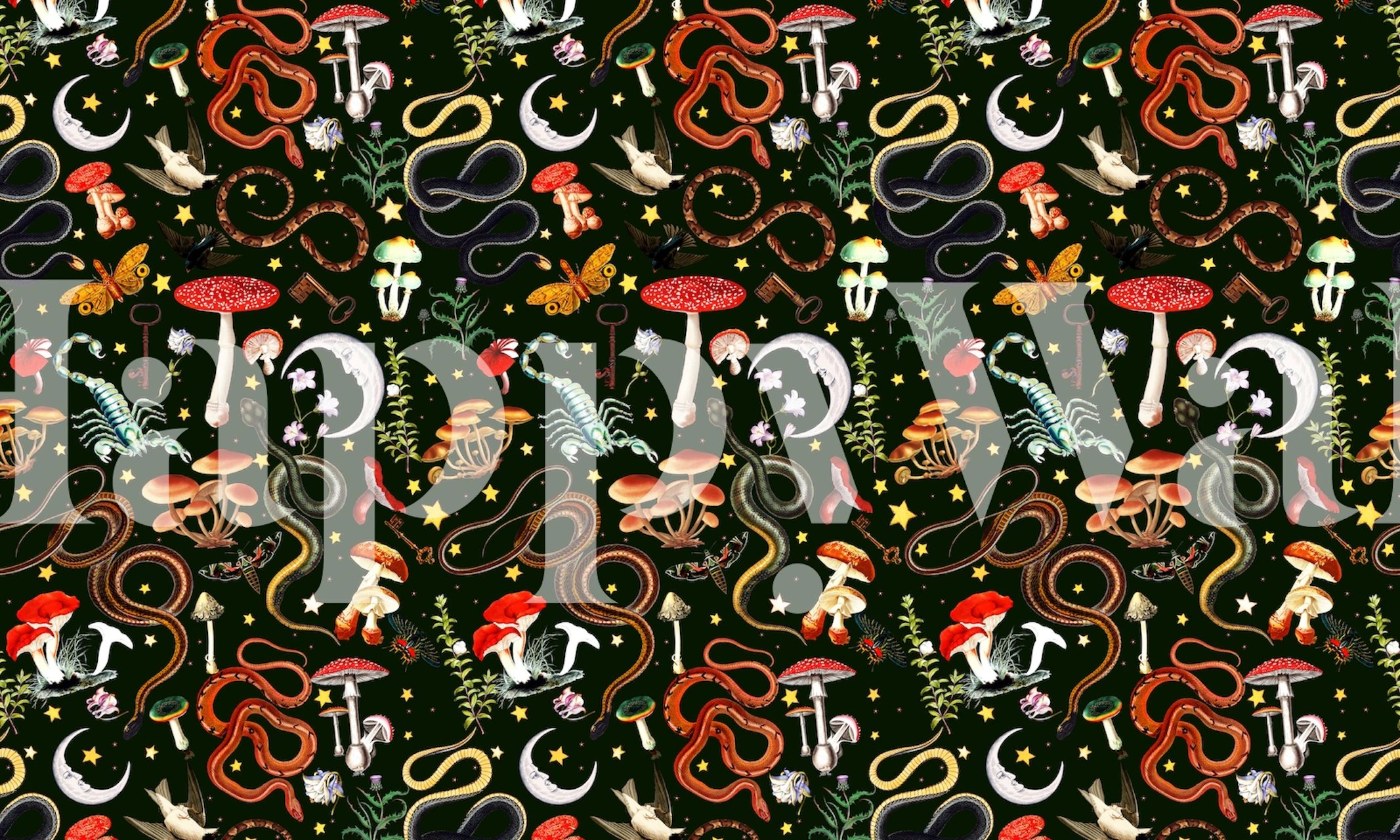 Mushrooms, snakes, and butterflies with dark colors wallpaper