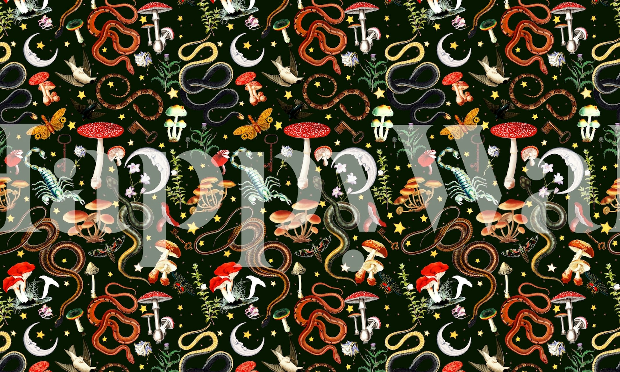 Mushrooms, snakes, and butterflies with dark colors wallpaper