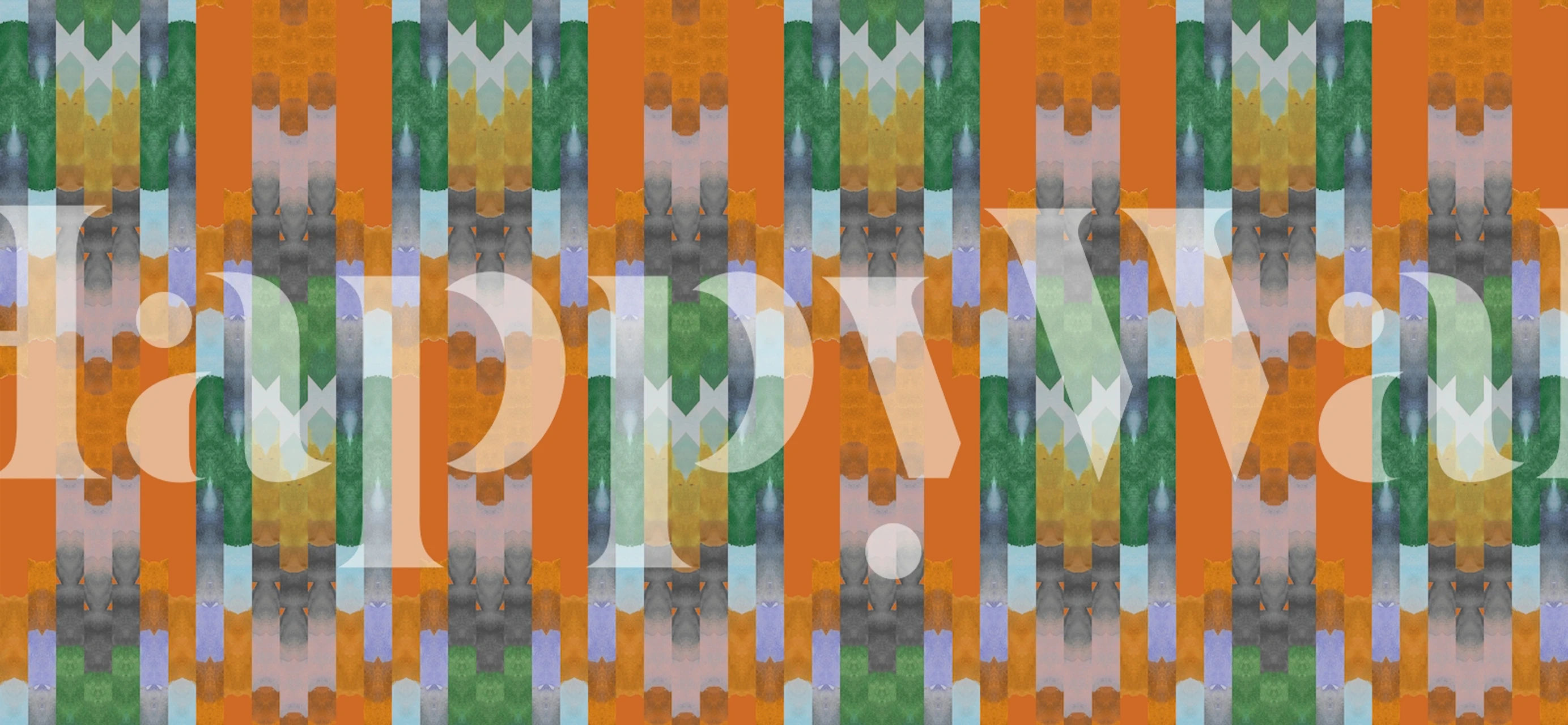 Odd Ikat wall mural with a bold orange background and ikat pattern in green, white, and black.