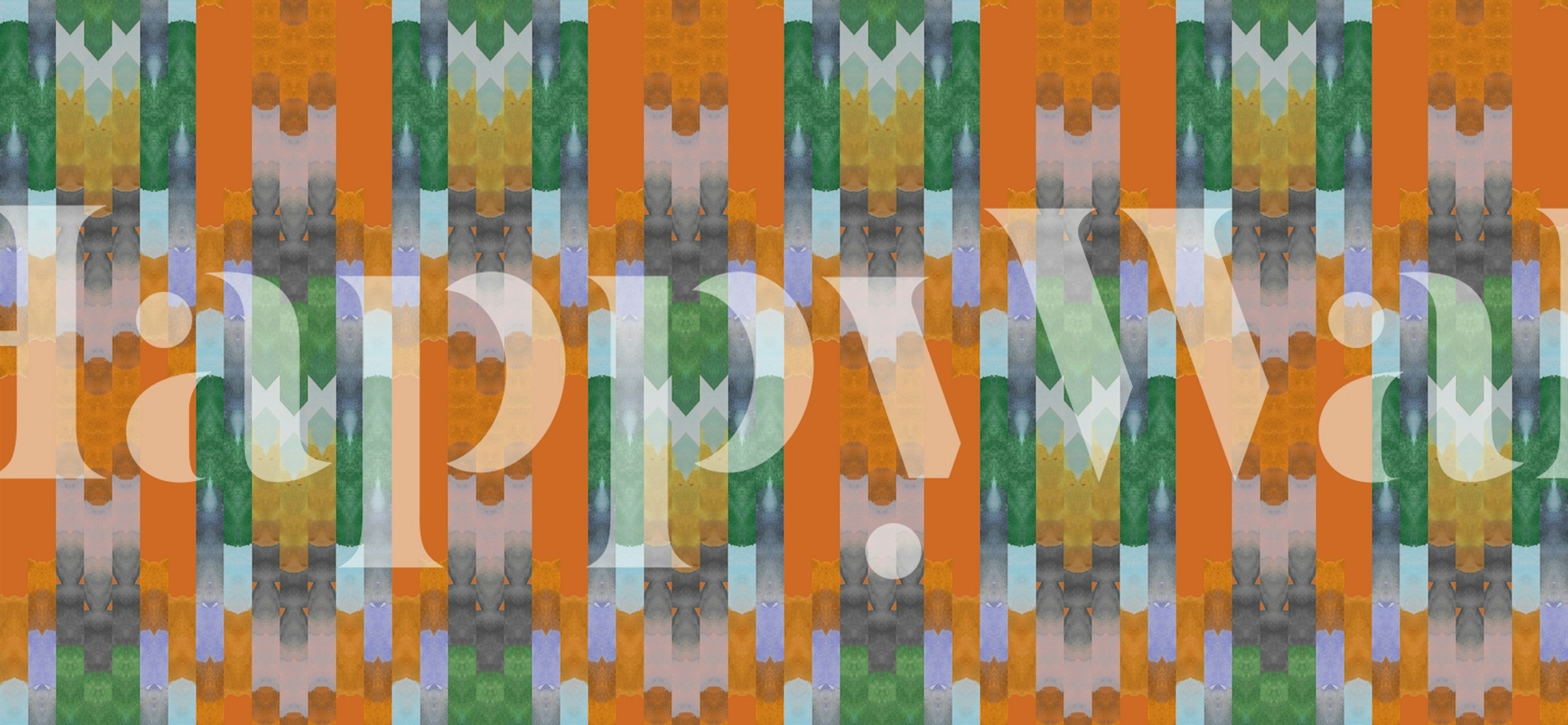 Odd Ikat wall mural with a bold orange background and ikat pattern in green, white, and black.