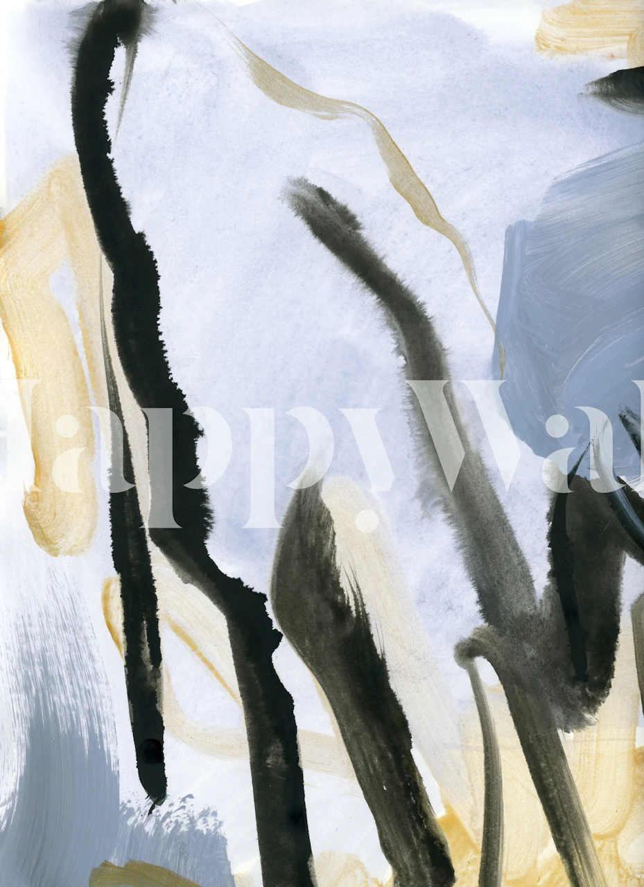 Abstract brush strokes in blue, black, and beige wallpaper