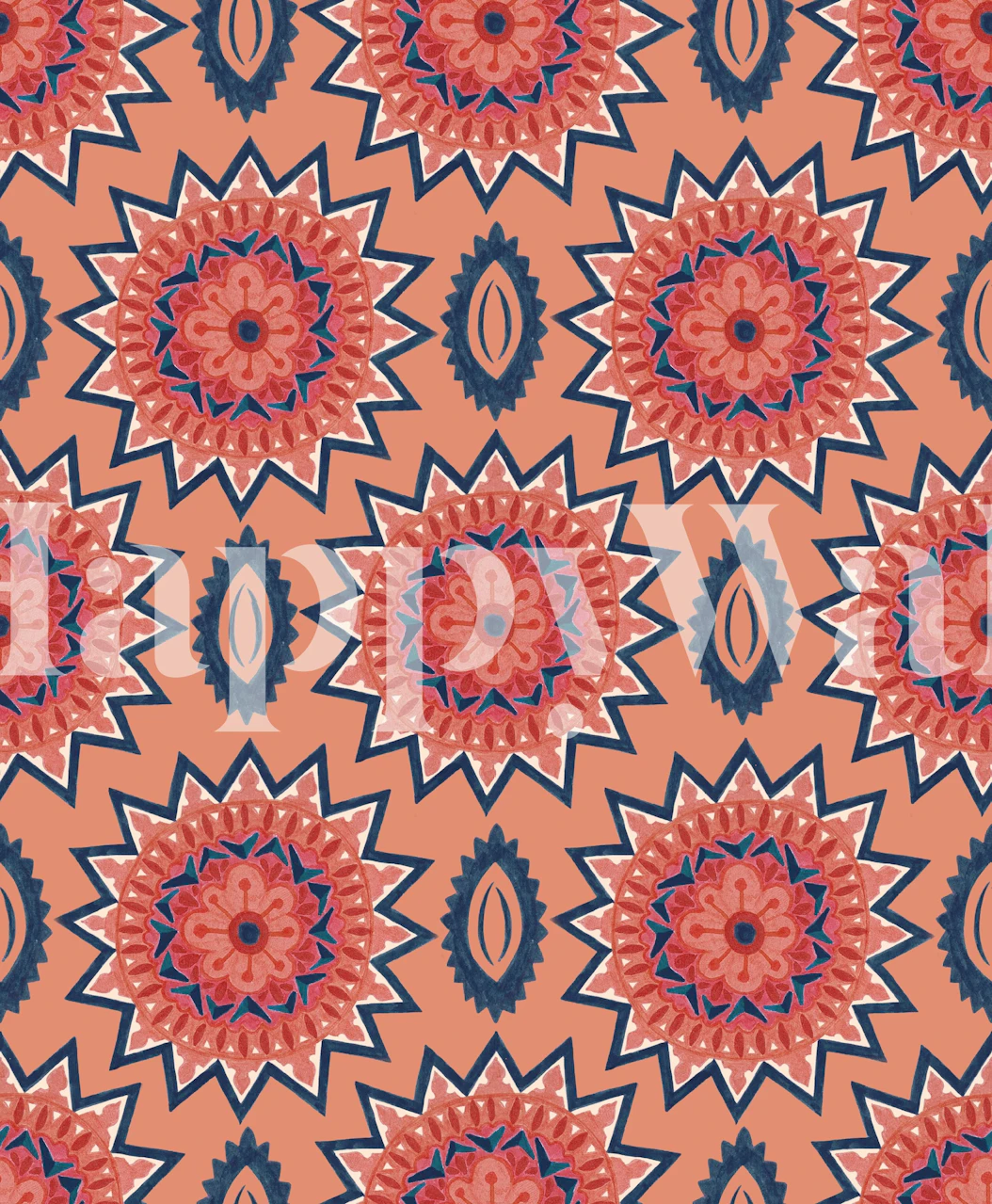 Papier peint mural à motif Folk Sun avec des motifs sunburst corail et marine sur fond rose