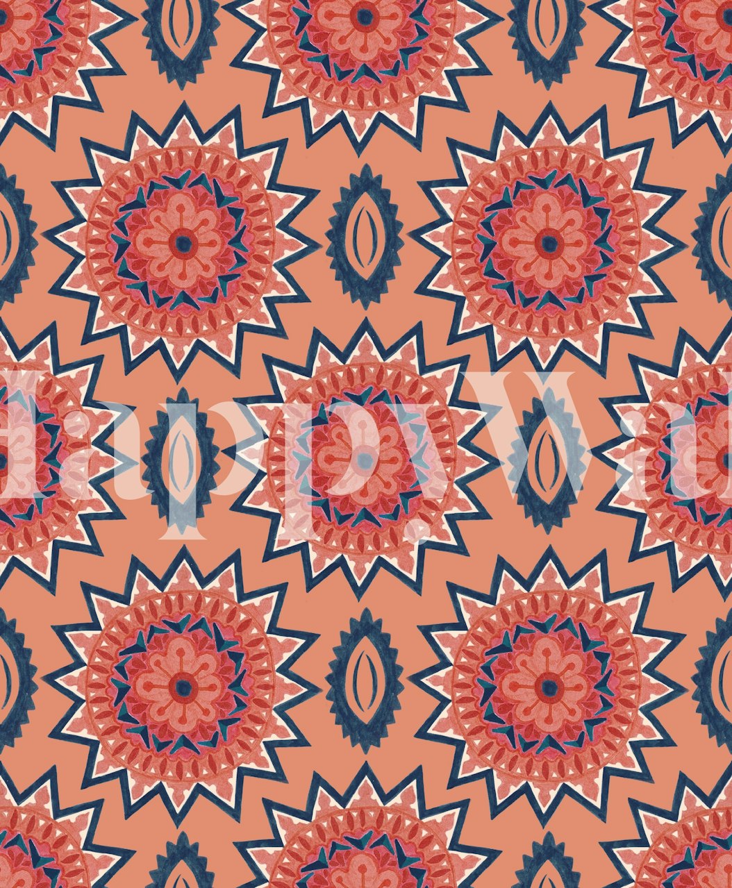 Folk Sun σχέδιο τοίχου με σχέδια ήλιου σε κοραλί και ναυτικό μπλε σε ροζ φόντο