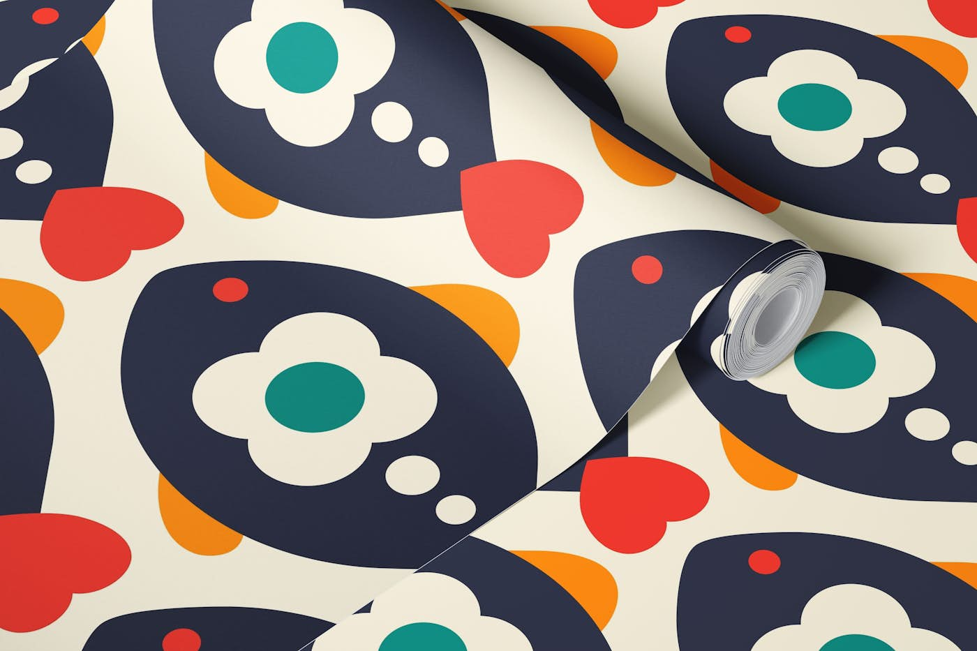 Playful retro fishes / navy, red (2750A) wallpaper roll