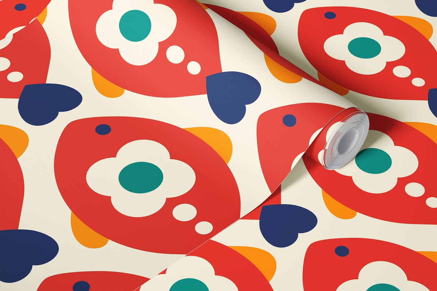 Playful retro fishes, red (2750 B) wallpaper roll