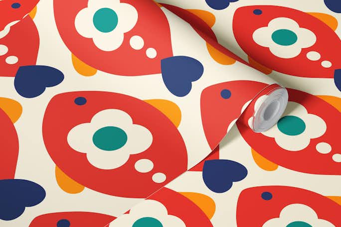 Playful retro fishes, red (2750 B)wallpaper roll