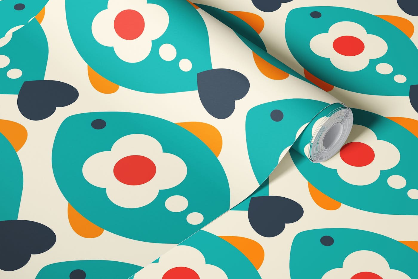 Playful retro fishes, teal (2750C) wallpaper roll