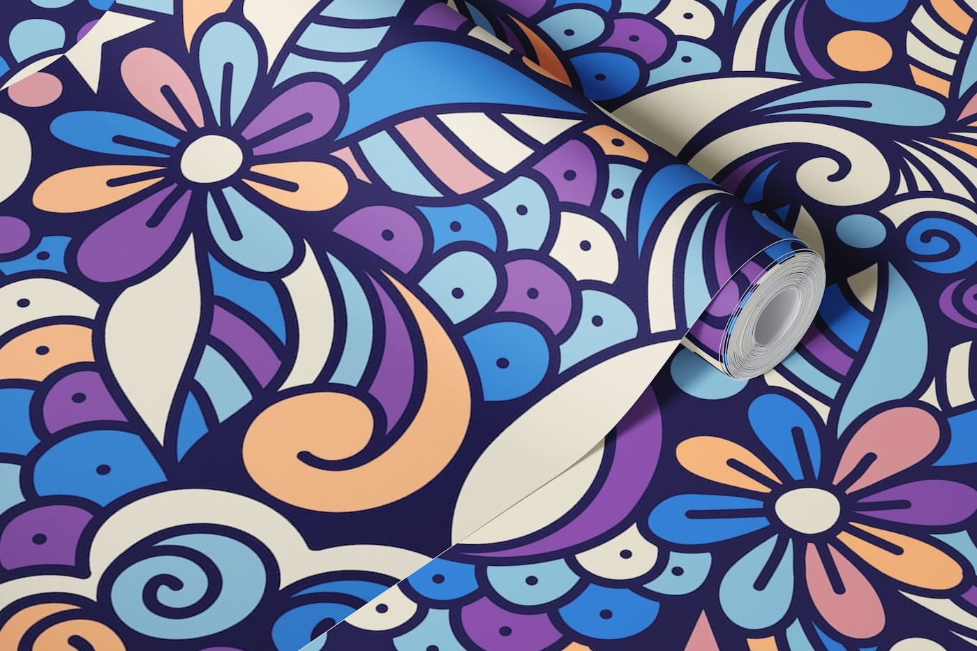 Purple - blue - yellow floral retro doodle (2753 A) wallpaper roll