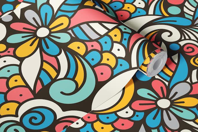 Colorful groovy floral retro doodle (2753B)wallpaper roll