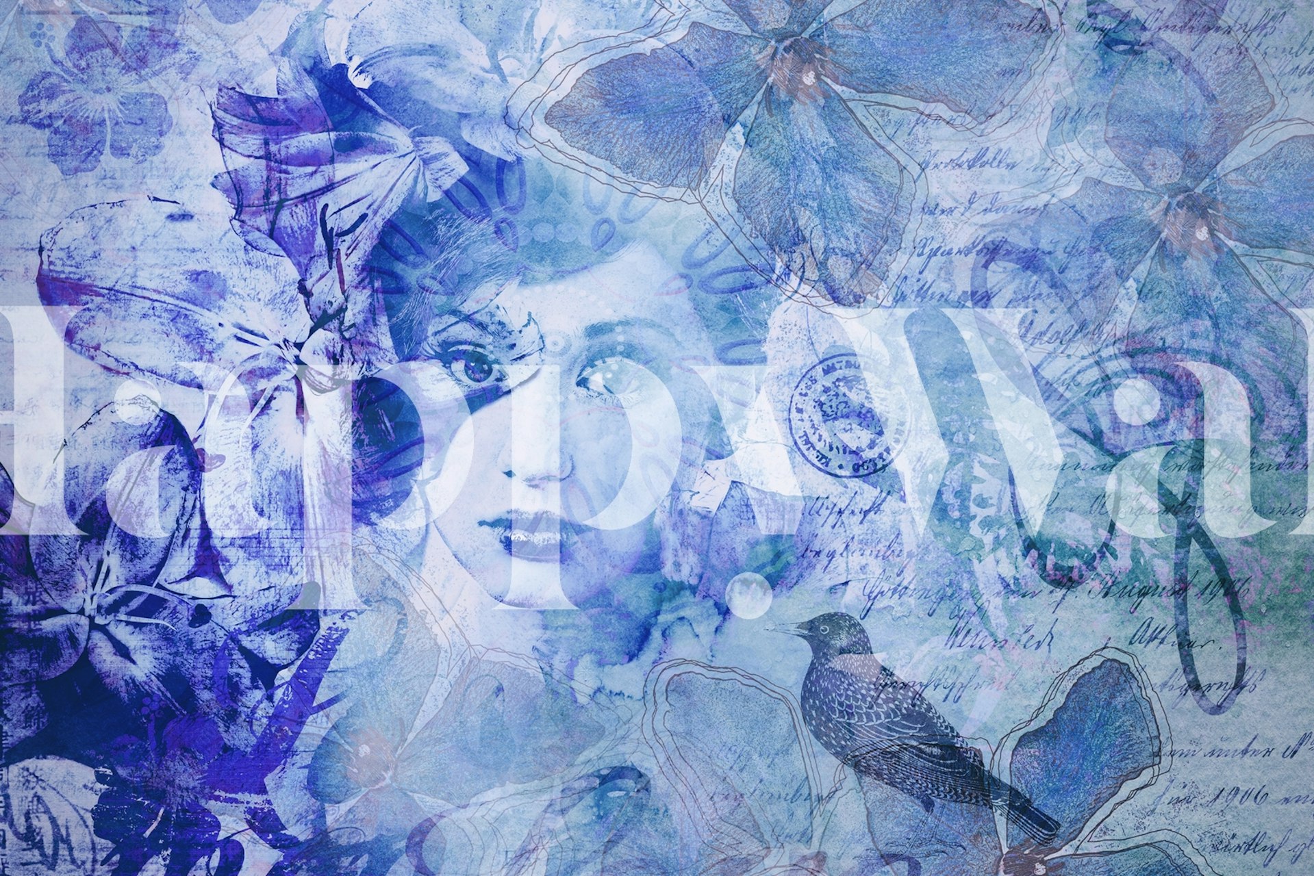 Peinture murale éthérée aux tons bleus avec un visage de femme et des fleurs abstraites