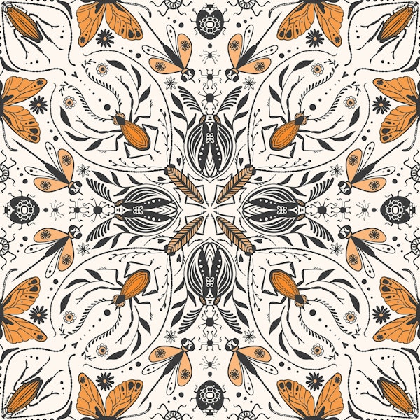 Bugs  on black, orange and off white