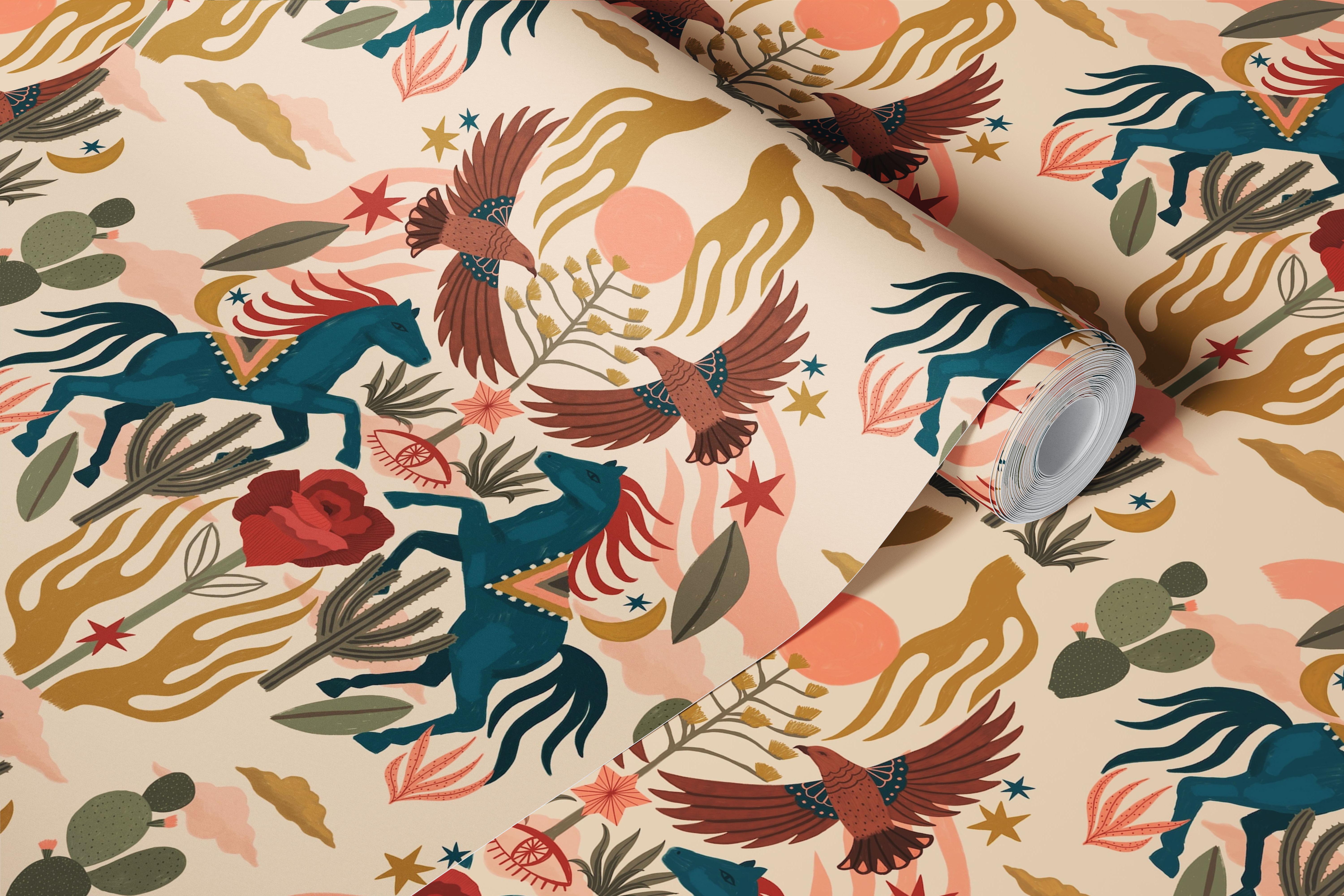 Western wallpaper in room with horses and cacti (3/9)