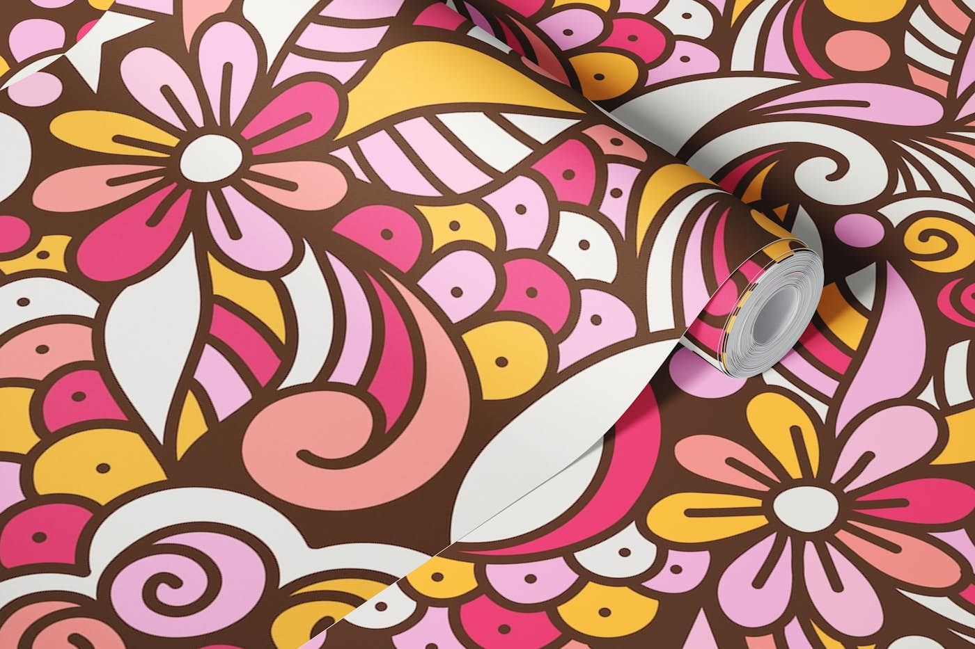 Red - brown groovy floral retro doodle (2753F) wallpaper roll