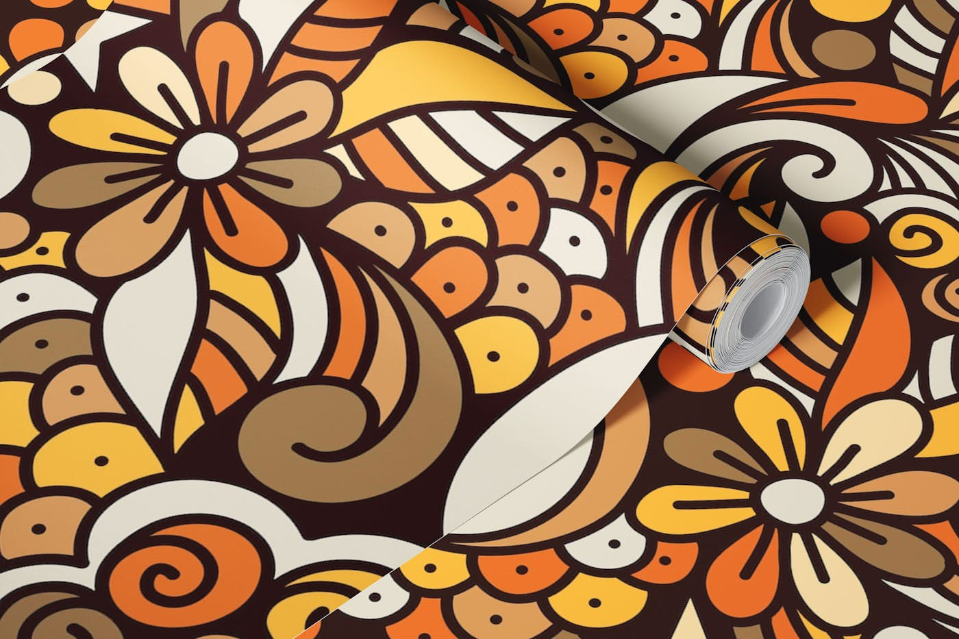 Groovy floral retro doodle, yellow - brown (2753G) wallpaper roll