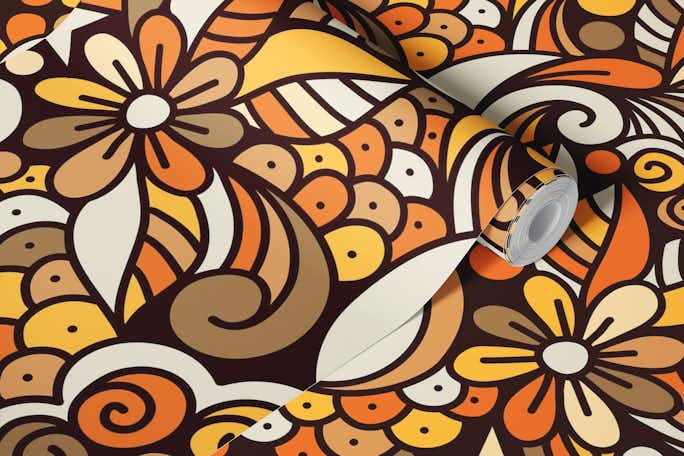 Groovy floral retro doodle, yellow - brown (2753G)wallpaper roll