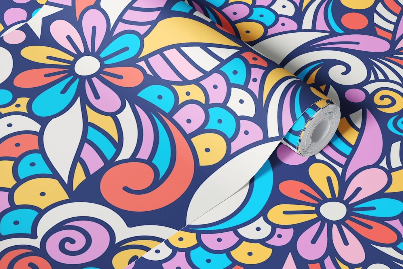 Groovy floral retro doodle, blue yellow (2753H) wallpaper roll