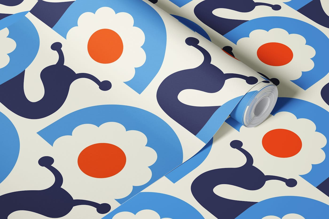 Retro snails with flowers, blue orange (2754A) wallpaper roll