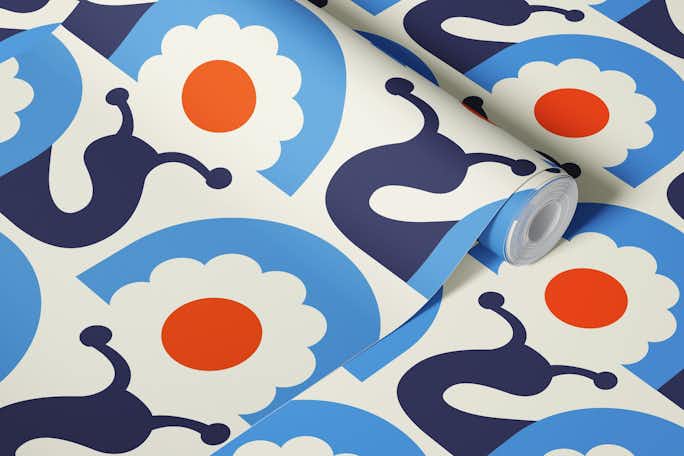 Retro snails with flowers, blue orange (2754A)wallpaper roll