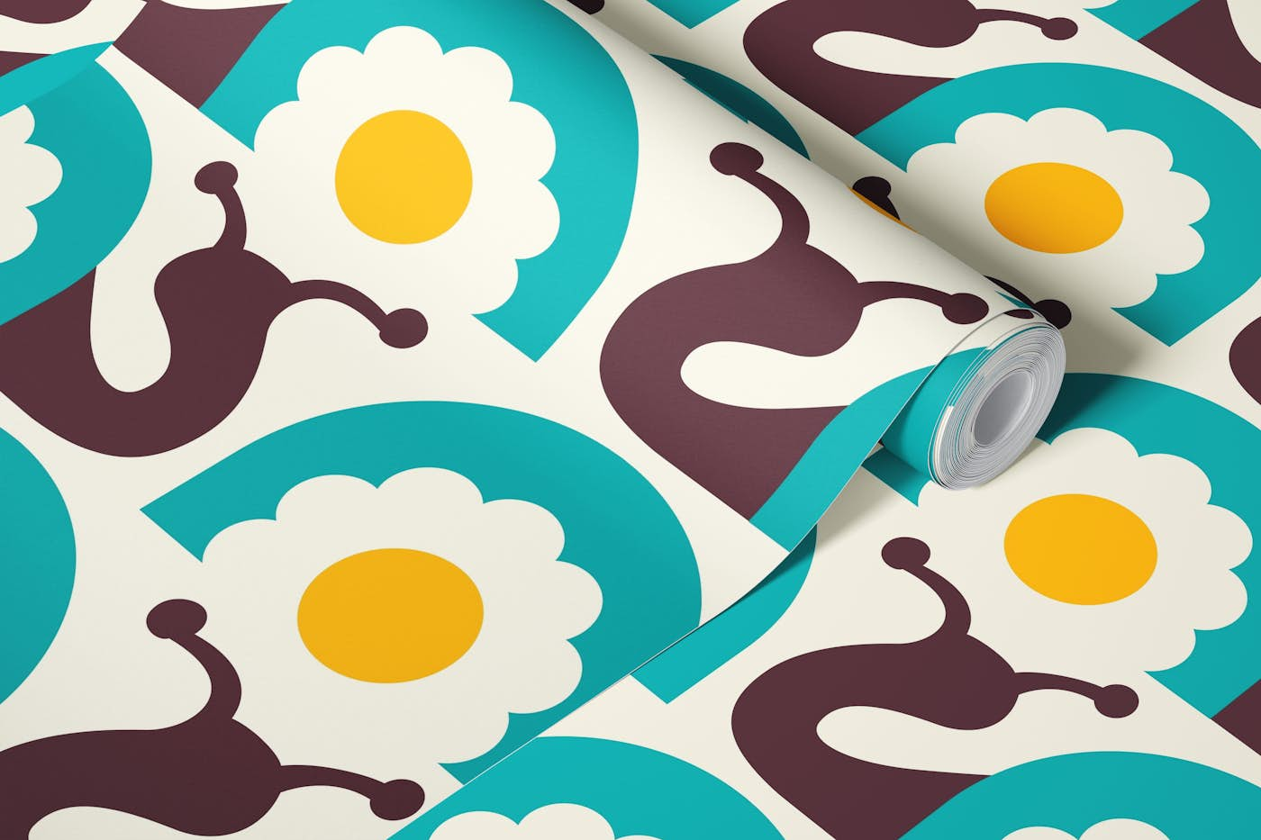 Retro snails with flowers, turquoise yellow (2754B) wallpaper roll