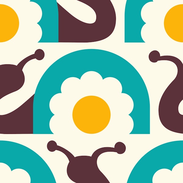 Retro snails with flowers, turquoise yellow (2754B)