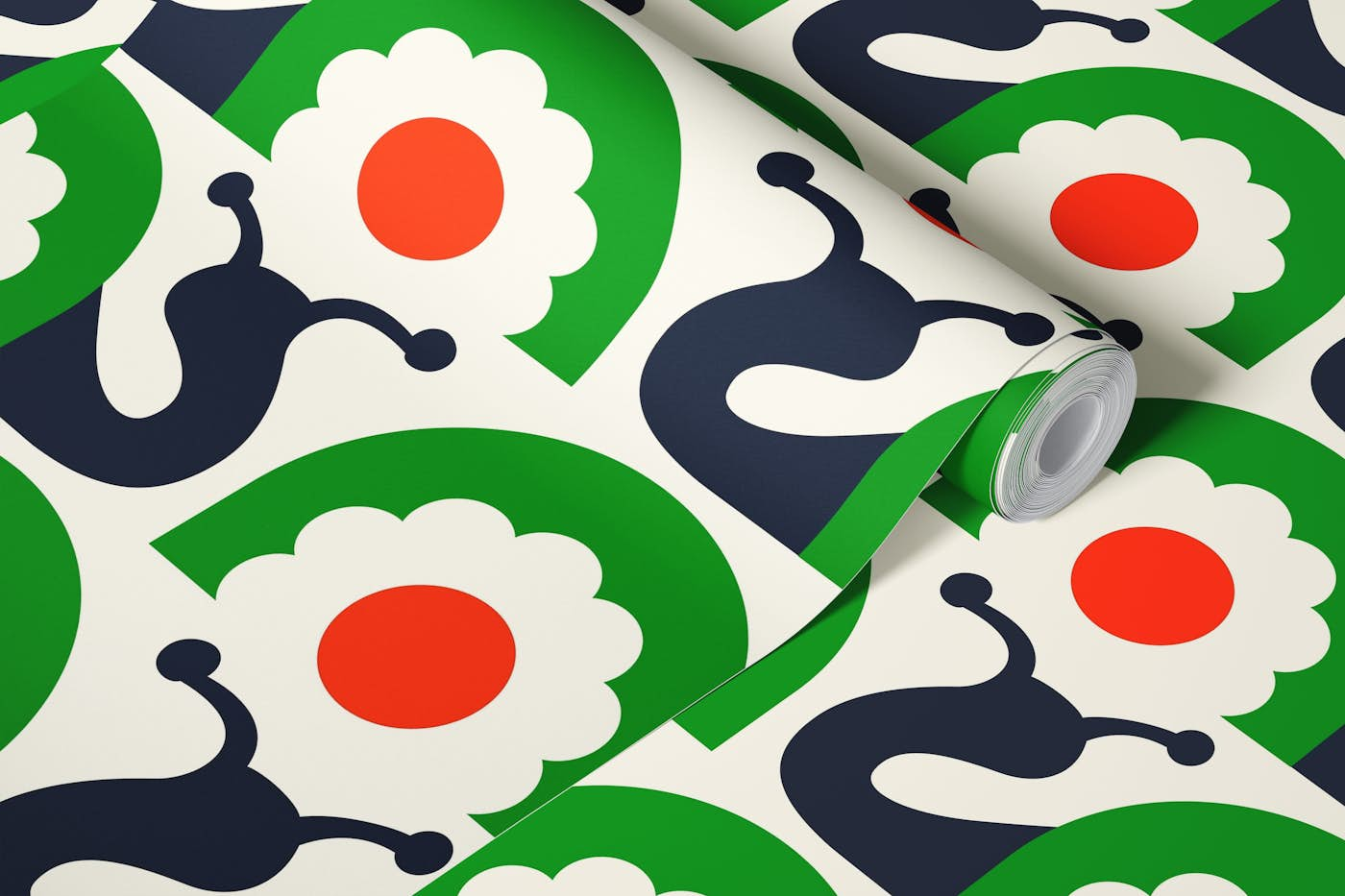 Retro snails with flowers, green (2754D) wallpaper roll