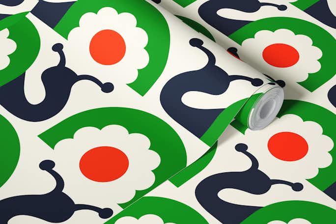 Retro snails with flowers, green (2754D)wallpaper roll