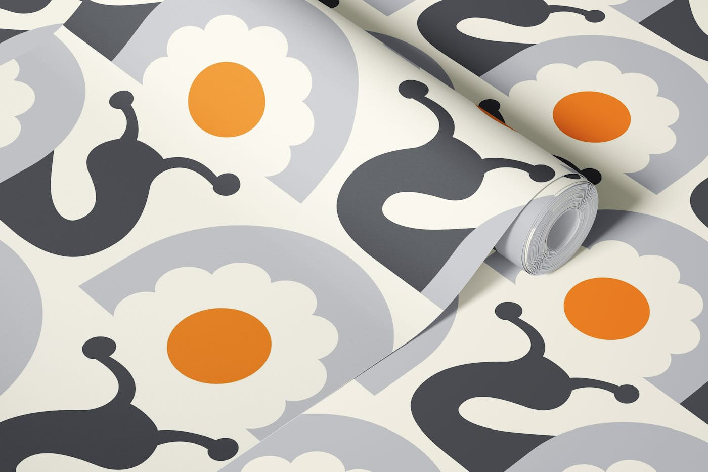 Retro snails with flowers, grey yellow (2754E) wallpaper roll