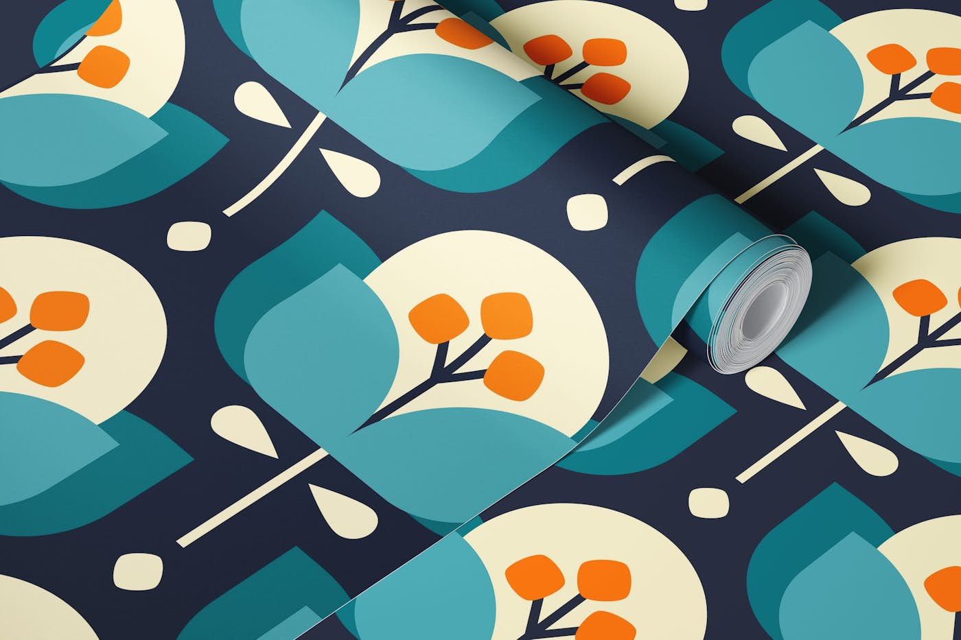 Scandinavian geometric flowers pattern, blue (2756A) wallpaper roll