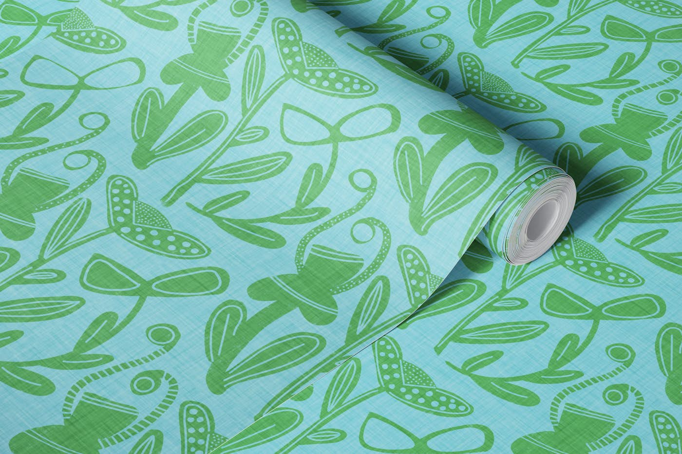 Modern Retro Boho Bold Floral Light Blue Green wallpaper roll