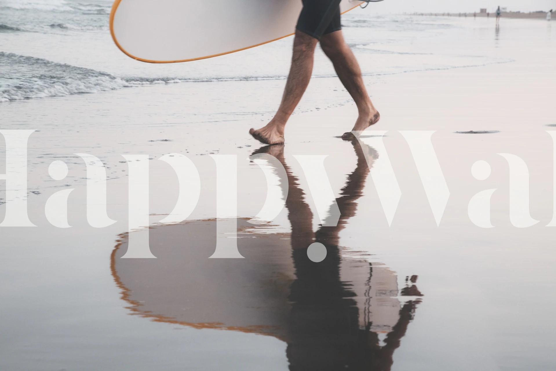 Surfer walking on water reflecting beach wallpaper