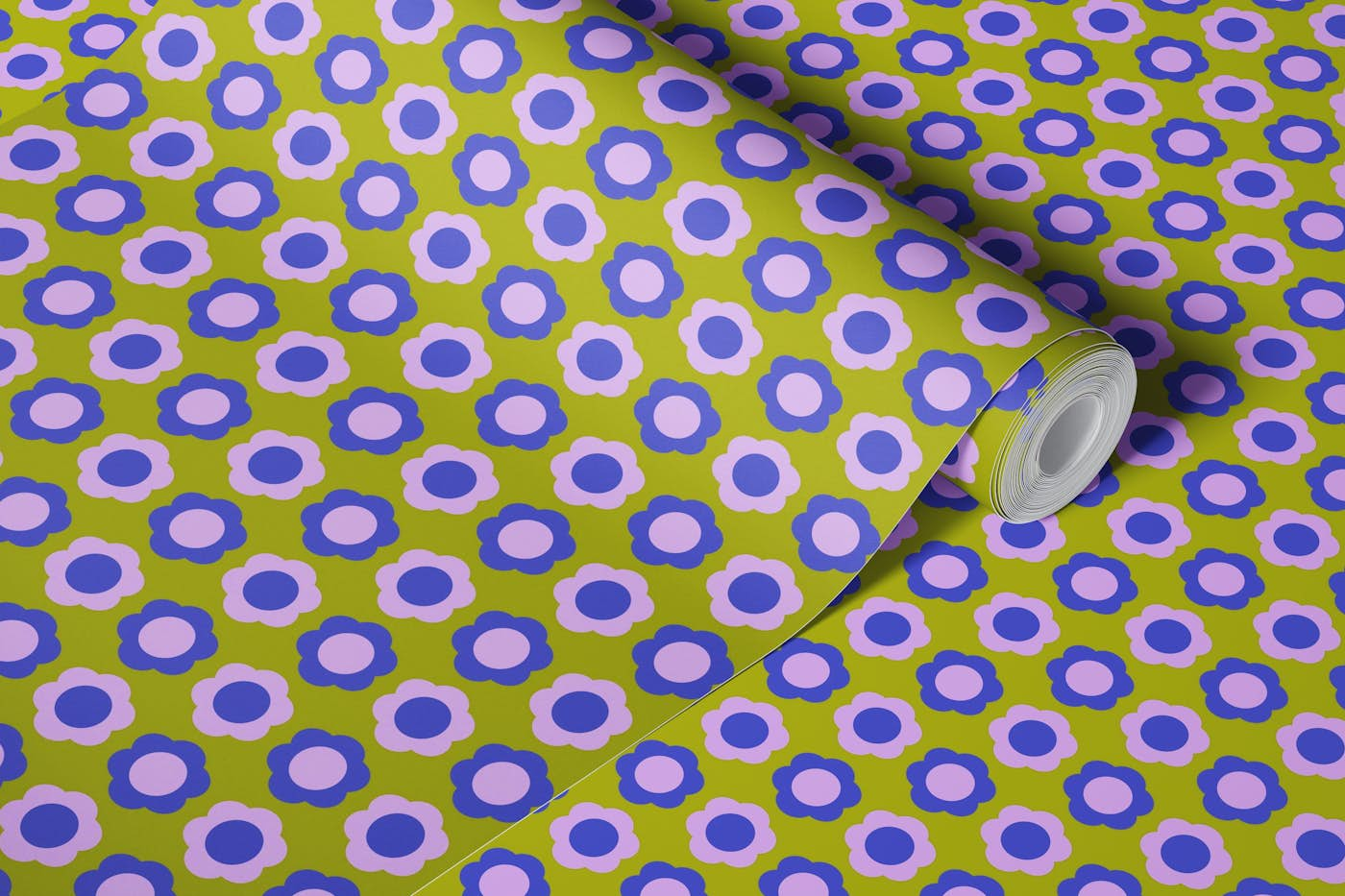 Purple and Green Mod Pop Flower Pattern wallpaper roll