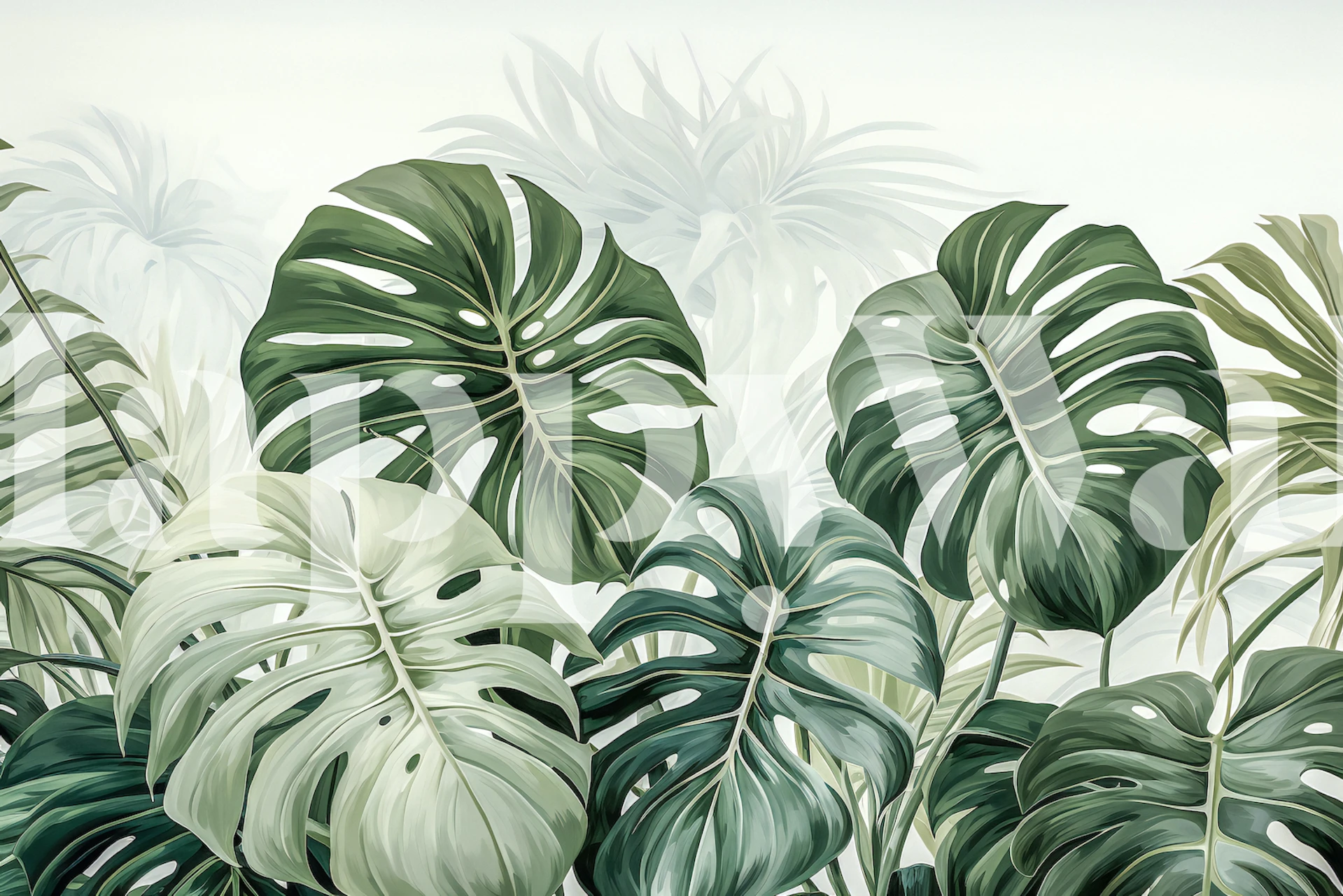 Tropical green leaves with varying shades of green wallpaper