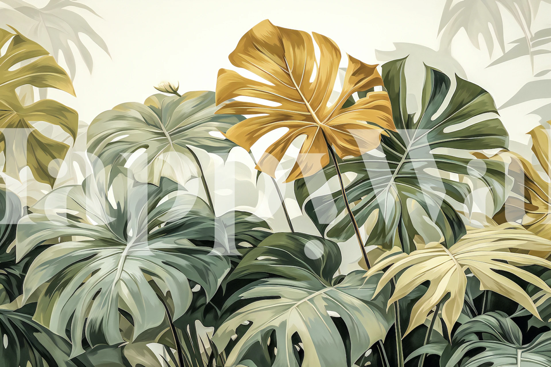 Monstera Variegata leaves wall mural with green and yellow hues.