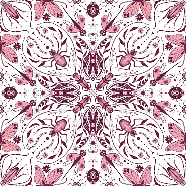 Bugs, dark magenta and pink on white