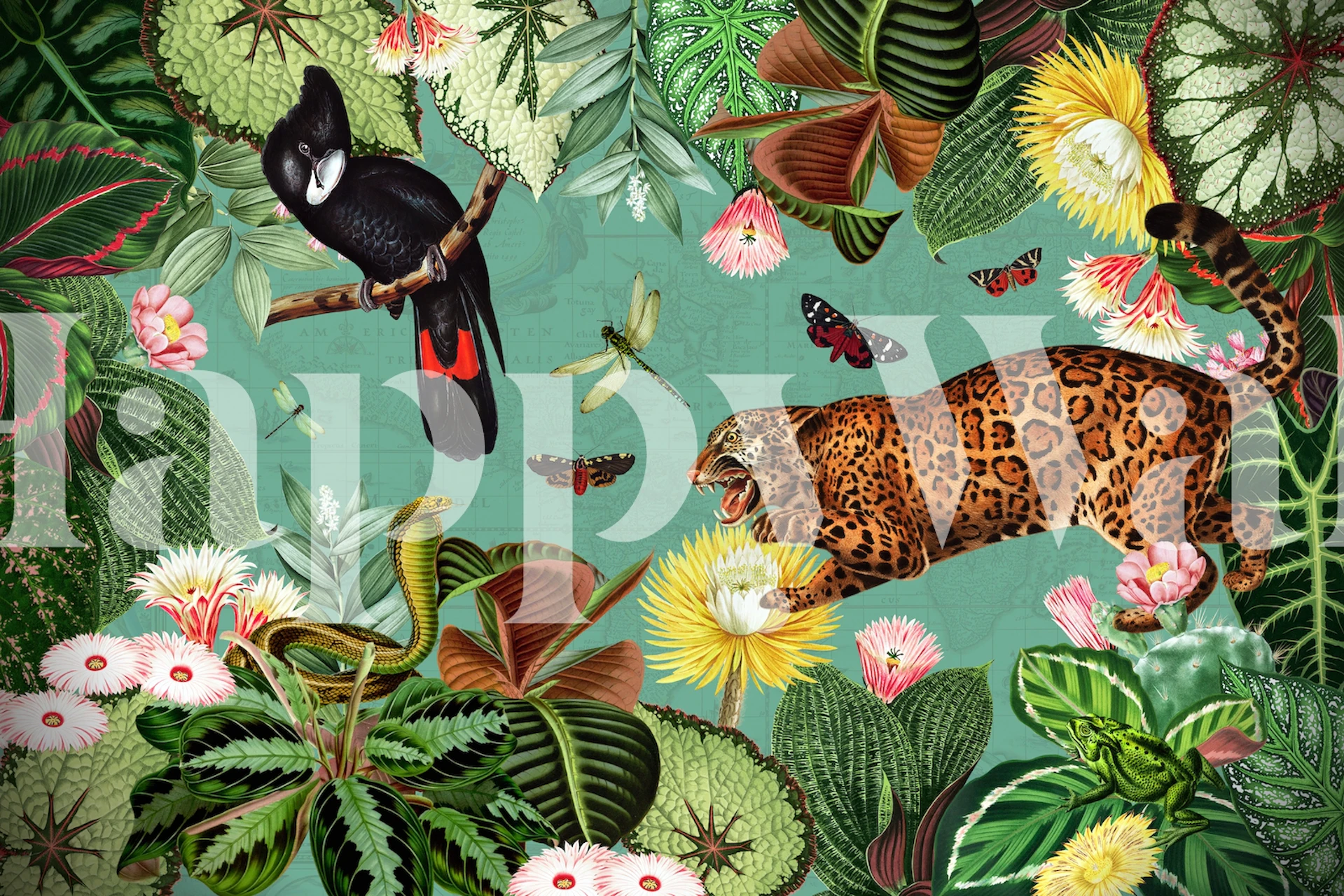 Tropical jungle landscape wallpaper with leopard, birds, and flowers in vibrant green tones