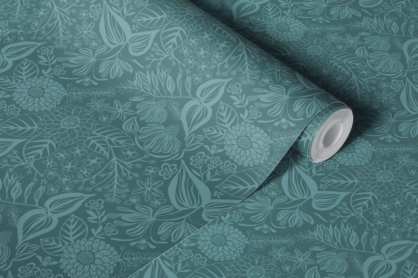 Bee Garden Floral in Mineral Blue Green wallpaper roll