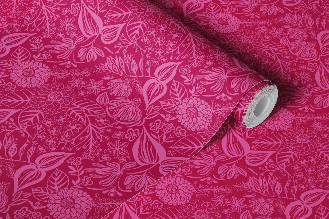 Bee Garden Floral in Cerise wallpaper roll