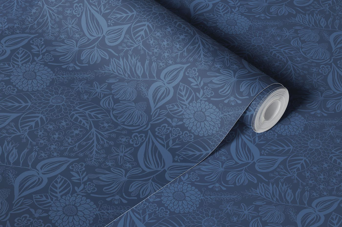 Bee Garden Floral in Denim Blues wallpaper roll