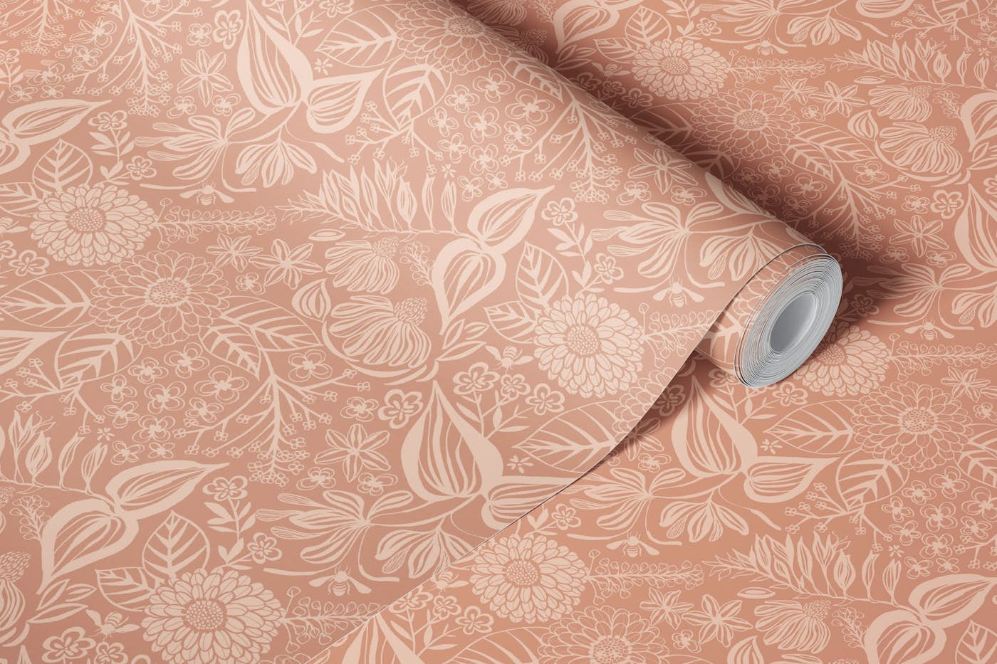 Bee Garden Floral in Soft Coral wallpaper roll