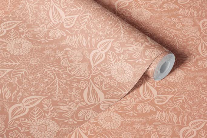 Bee Garden Floral in Soft Coralwallpaper roll