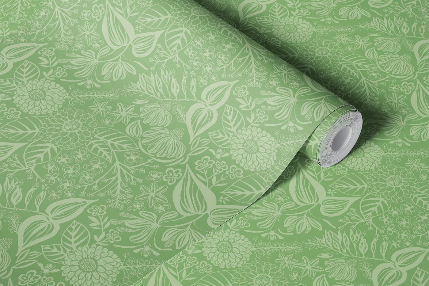 Bee Garden Floral in soft green wallpaper roll