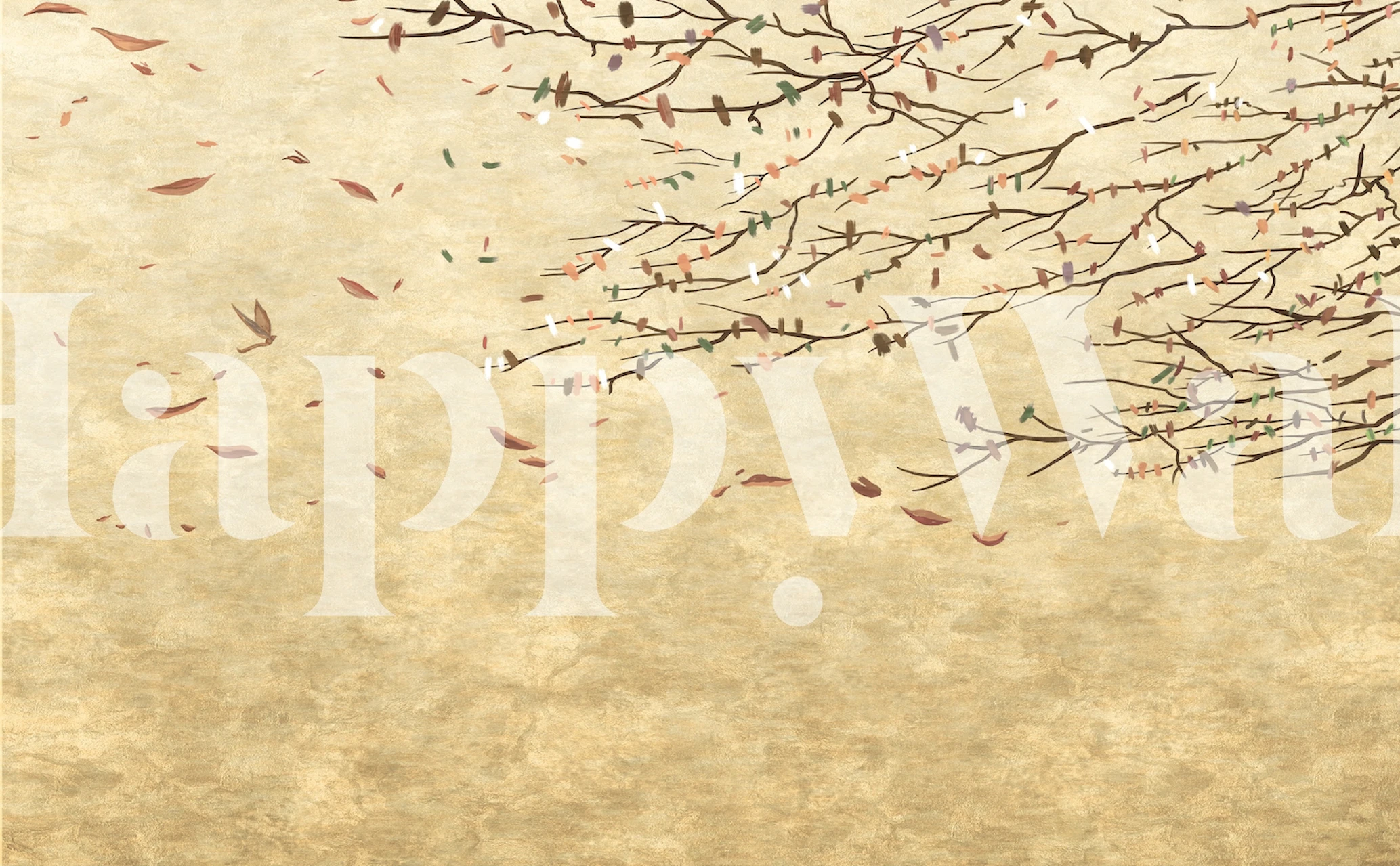 Brown floral branches with leaves on beige background wallpaper