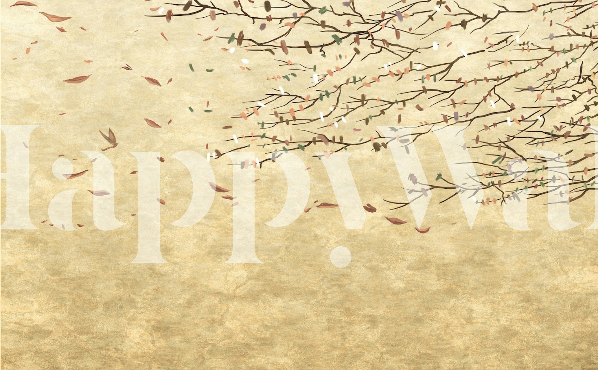 Brown floral branches with leaves on beige background wallpaper