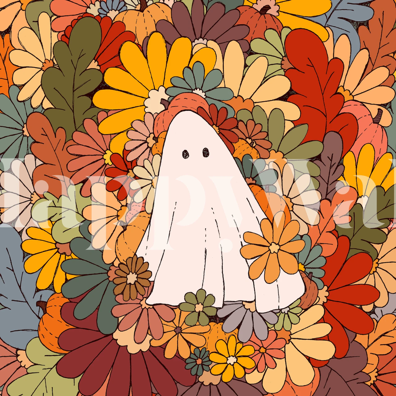 Whimsical ghost and flowers wallpaper in a room