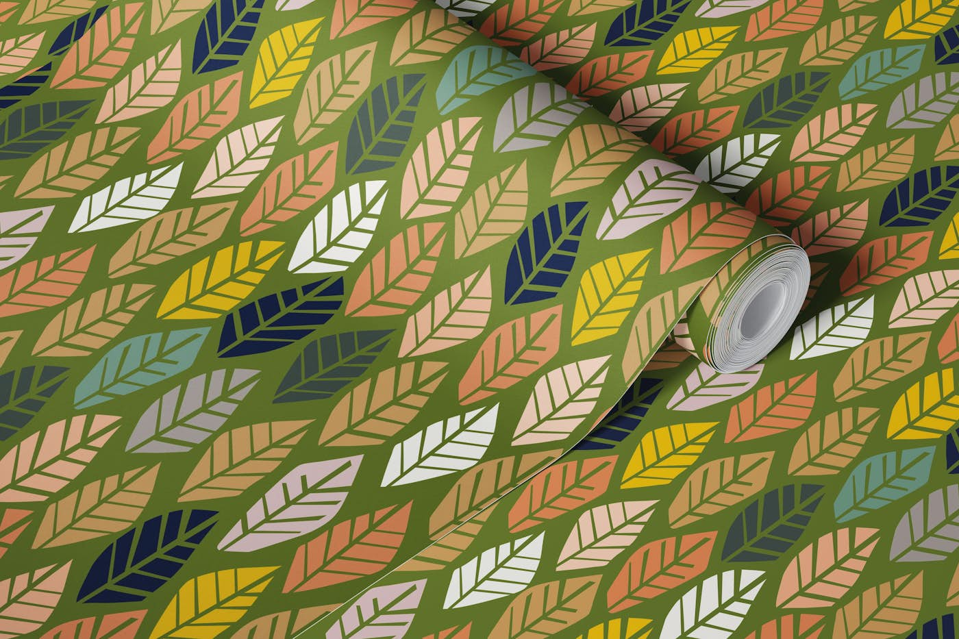 Nordic leaves happy cozy colors green wallpaper roll