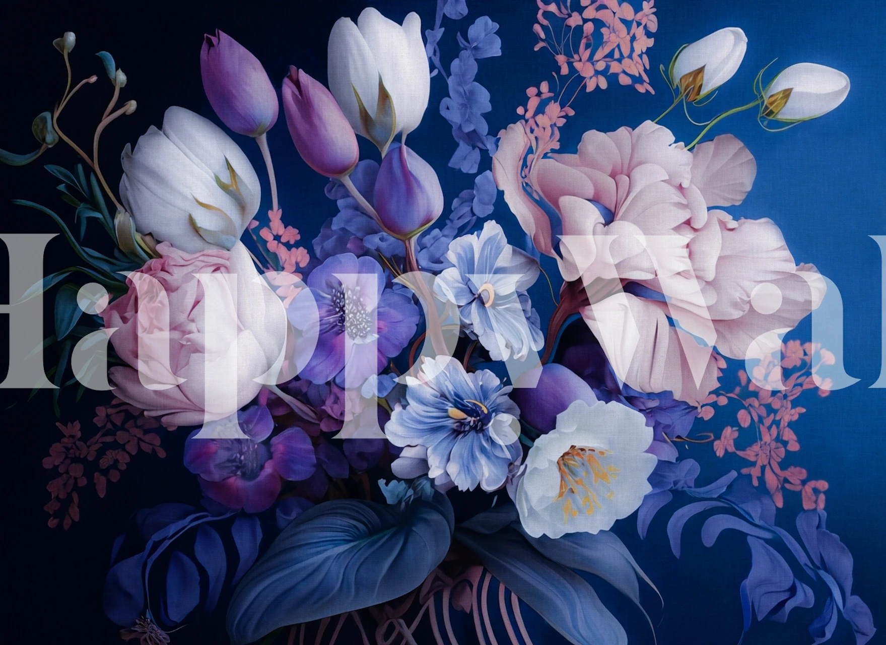 Large bouquet of blue and pink flowers on deep blue wallpaper